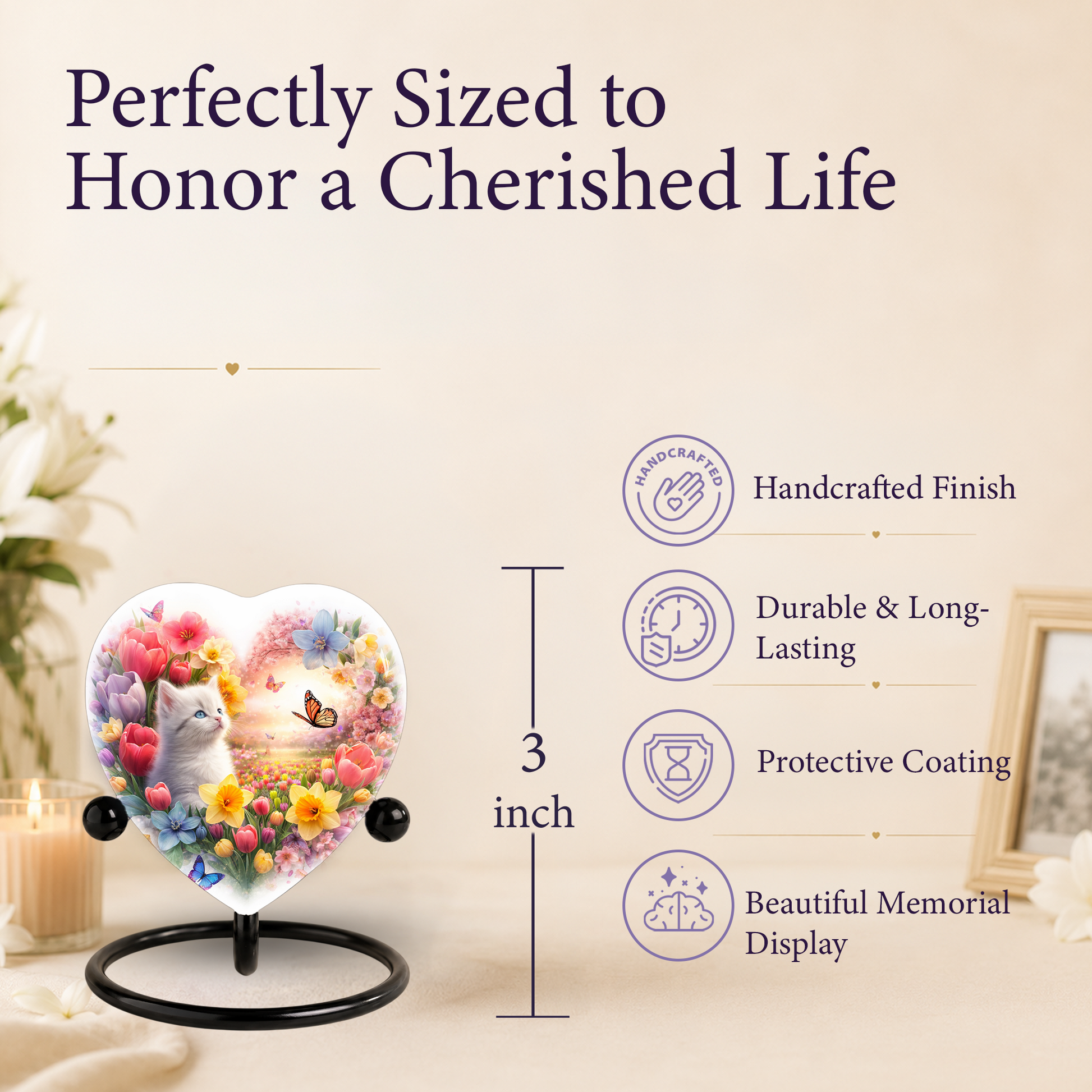Personalized Cat Urn for Ashes – Heart-Shaped Floral Butterfly Memorial Adult Urn for Cremation Ashes