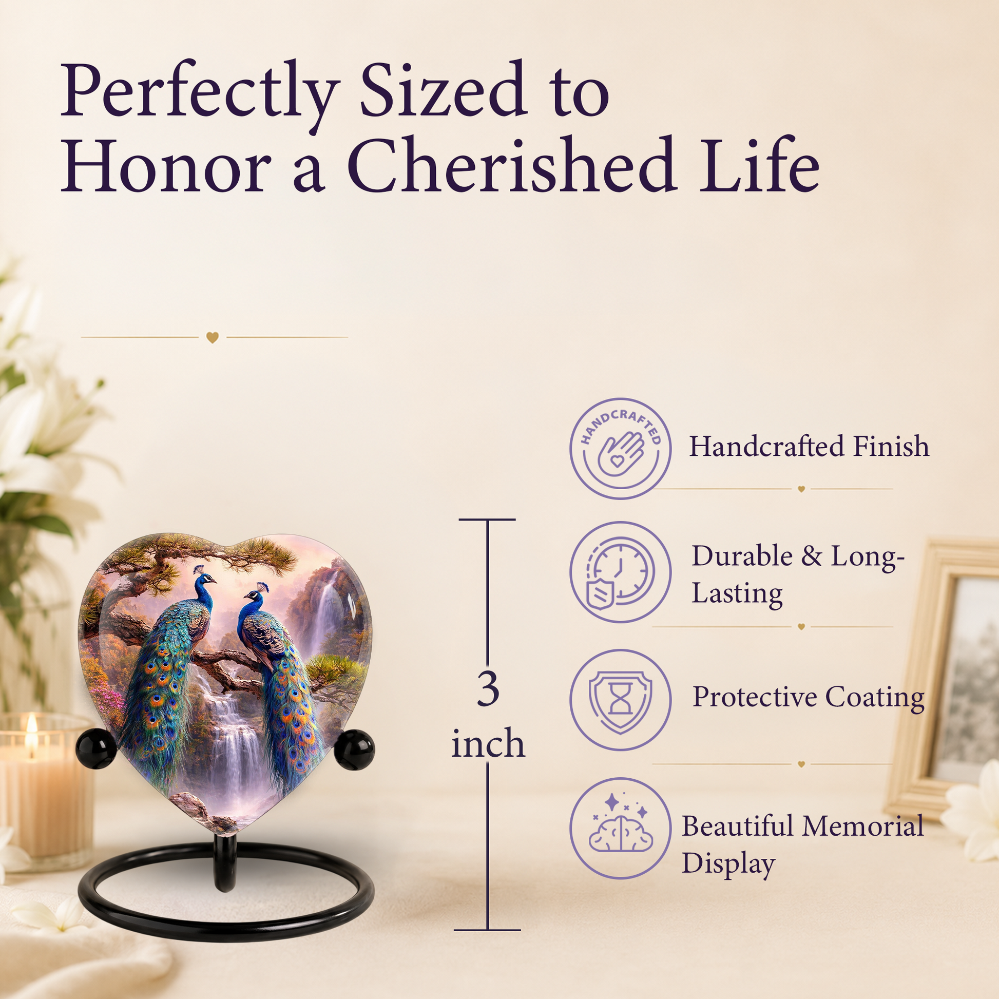 Heart-Shaped Memorial Urn, Peacock Urns for Adult Ashes, Peacock Adult Cremation Urn
