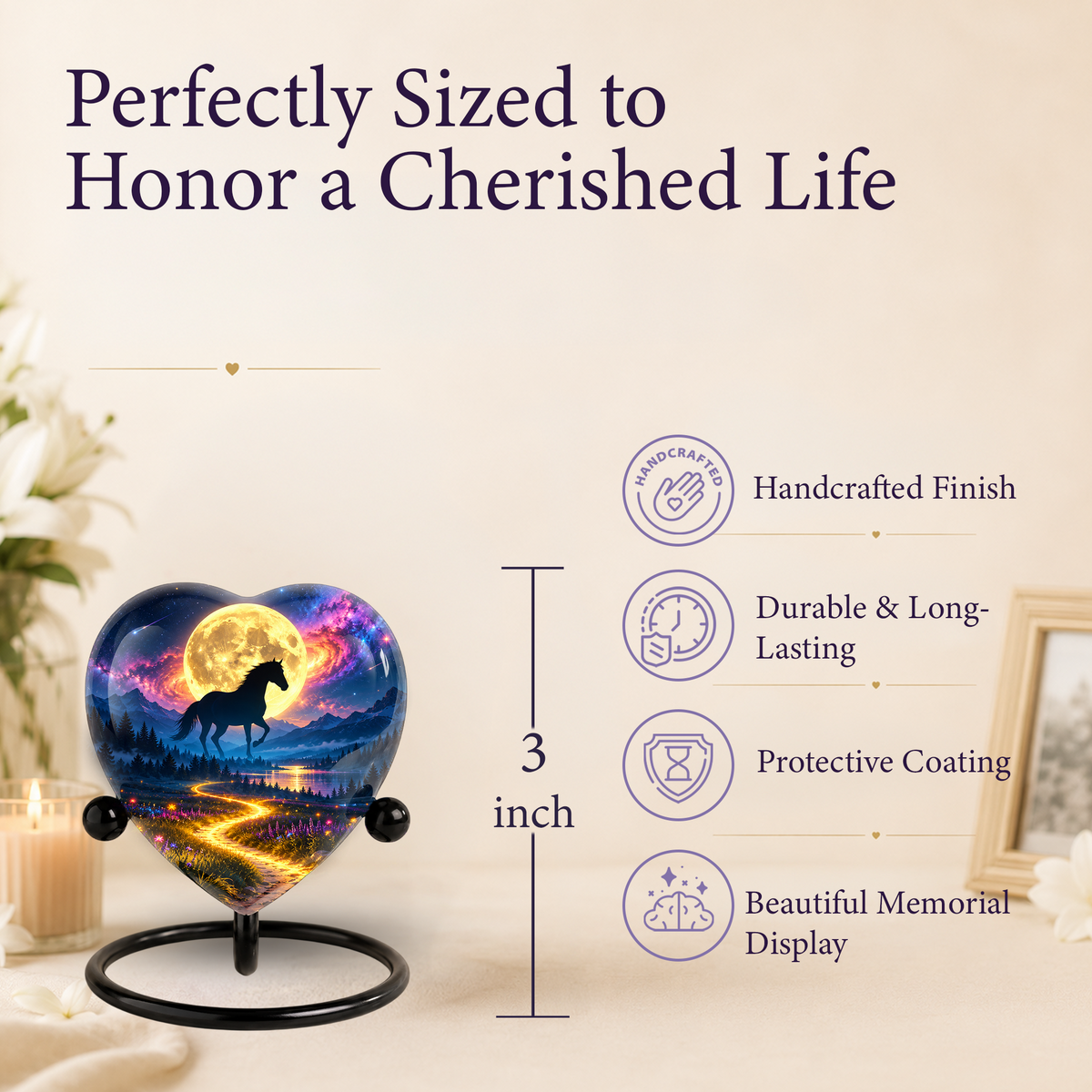 Horse Adult Urn for Ashes, Black Horse and Golden Moon Memorial Urn, Celestial Mountain Cremation Urn