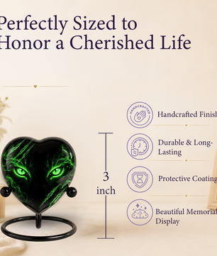 Green Cat Adult Cremation Urn for Ashes, Black Cat Memorial Urn, Gothic Cat Personalized Adult Urn, Heart Shaped Cremation Urn