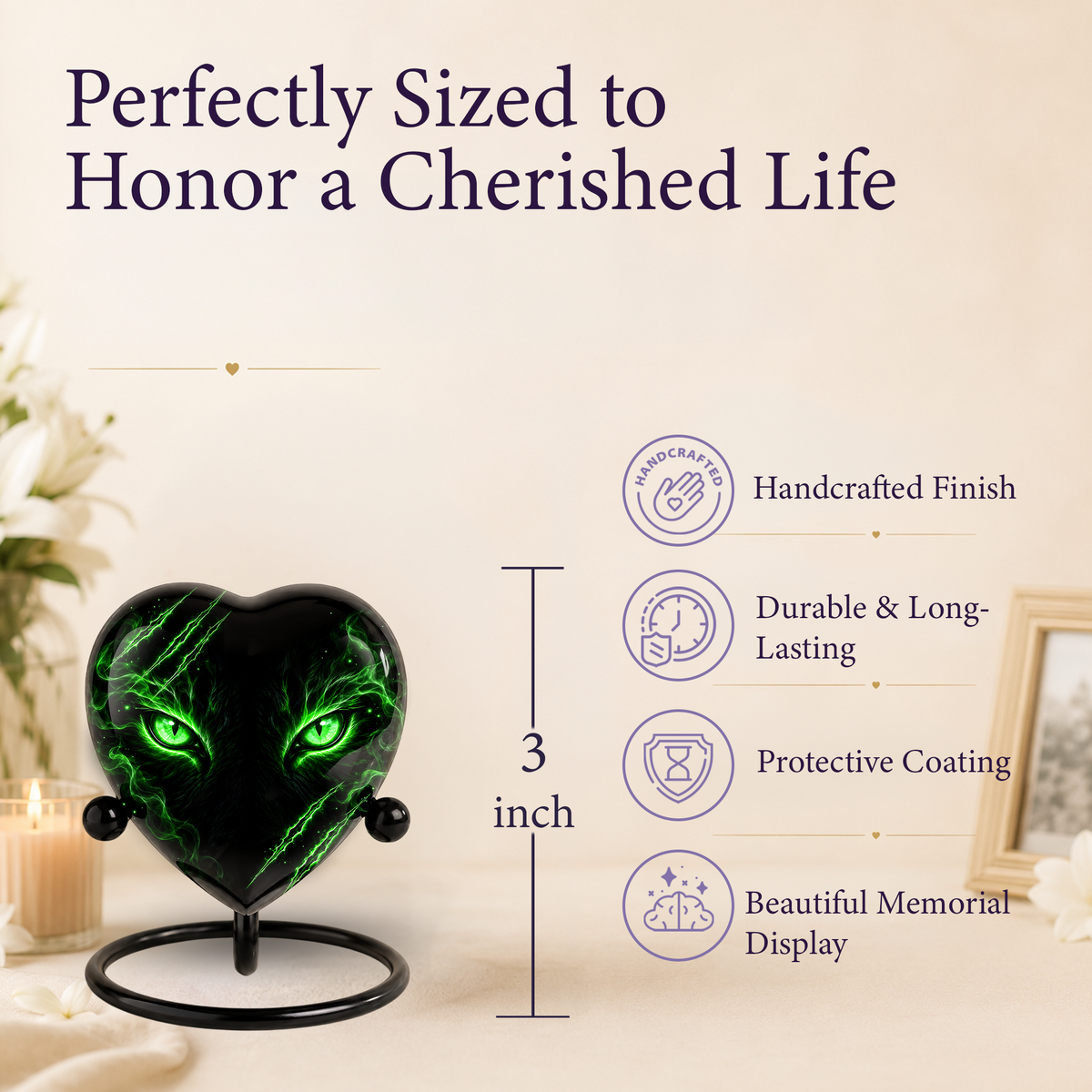 Green Cat Adult Cremation Urn for Ashes, Black Cat Memorial Urn, Gothic Cat Personalized Adult Urn, Heart Shaped Cremation Urn