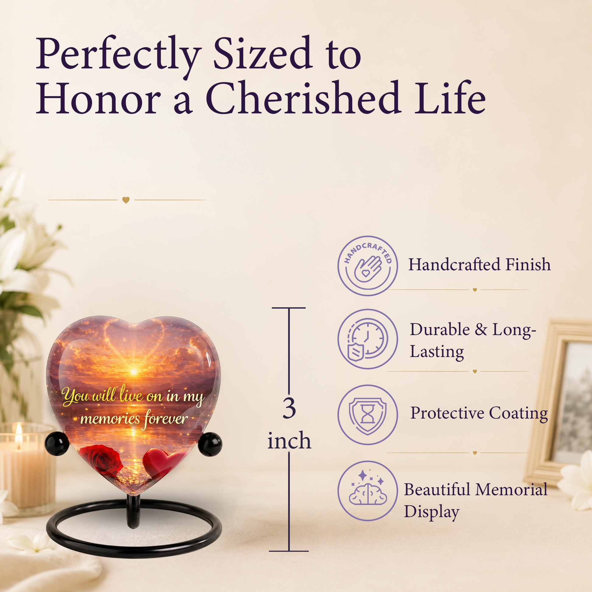Heart-Shaped Sunset Memorial, Adult Cremation Urn, Adult Urns for Ashes, Romantic Keepsake Memorial