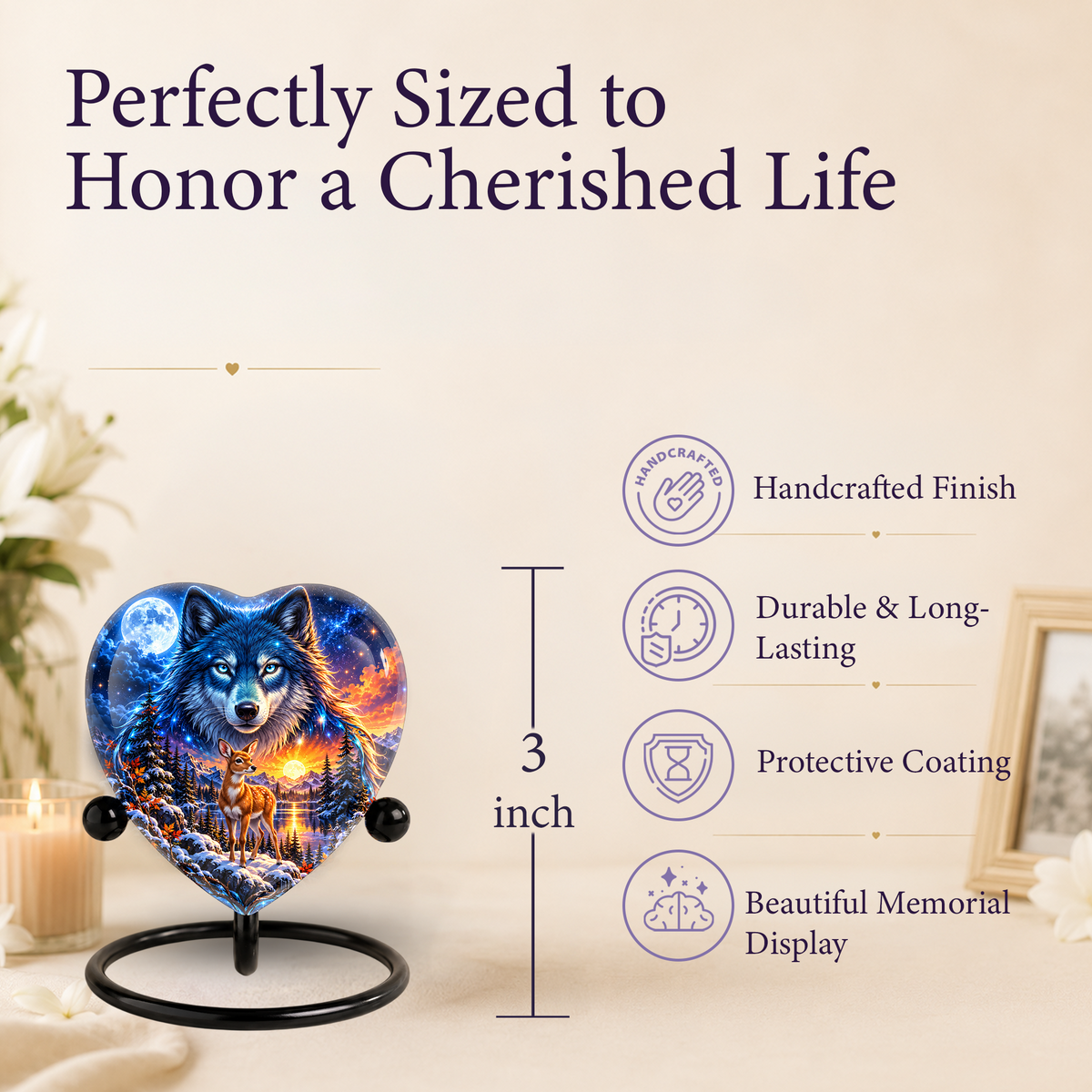 Wolf and Deer Adult Urn for Ashes, Blue Wolf and Fawn Memorial Urn, Celestial Wildlife Cremation Urn