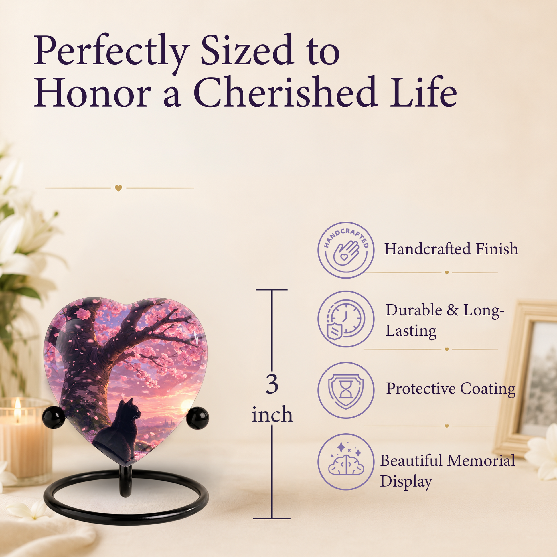 Cherry Blossom Cat Memorial Urn – Black Cat Sunset Heart Urn,Cat Memorial Keepsake Urn for Ashes