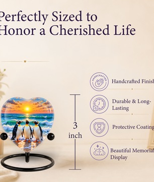 Penguin Beach Cremation Urn for Ashes, Penguin Memorial Urn, Ocean Sunset Urn, Heart Shaped Cremation Urn