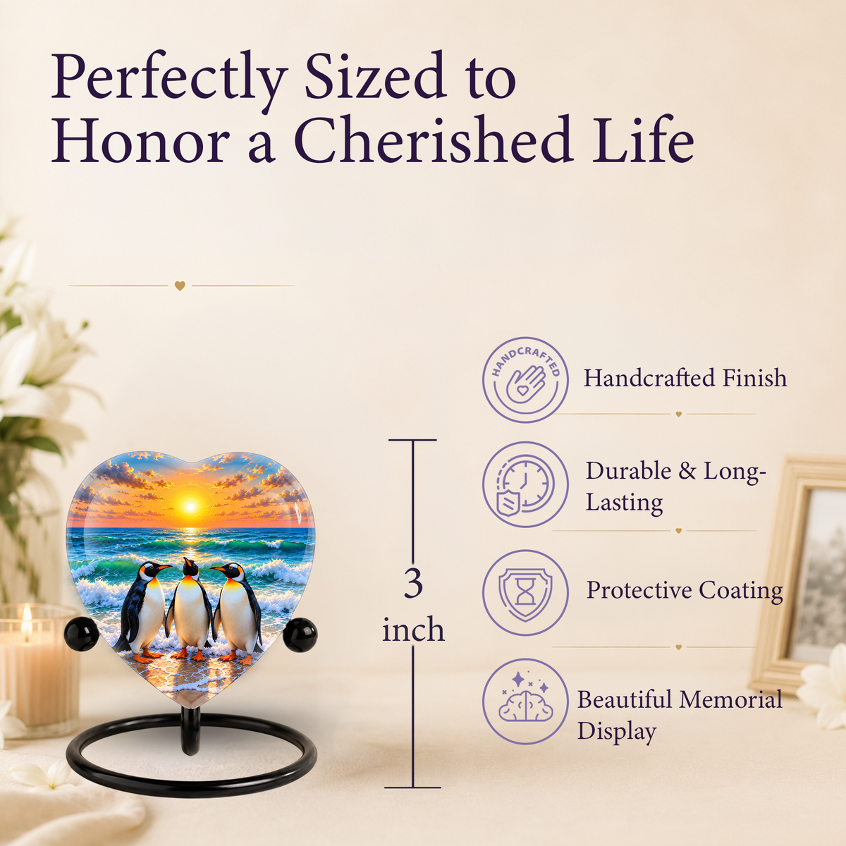Penguin Beach Cremation Urn for Ashes, Penguin Memorial Urn, Ocean Sunset Urn, Heart Shaped Cremation Urn