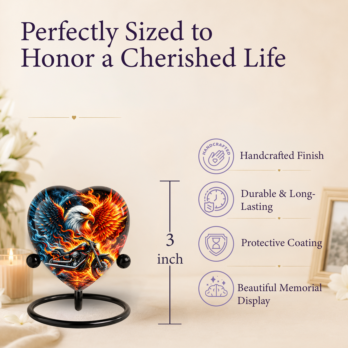 Heart Shaped Eagle Motorcycle Urn for Ashes, Phoenix Fire Cremation Urn, Biker Memorial Urn for Human Ashes