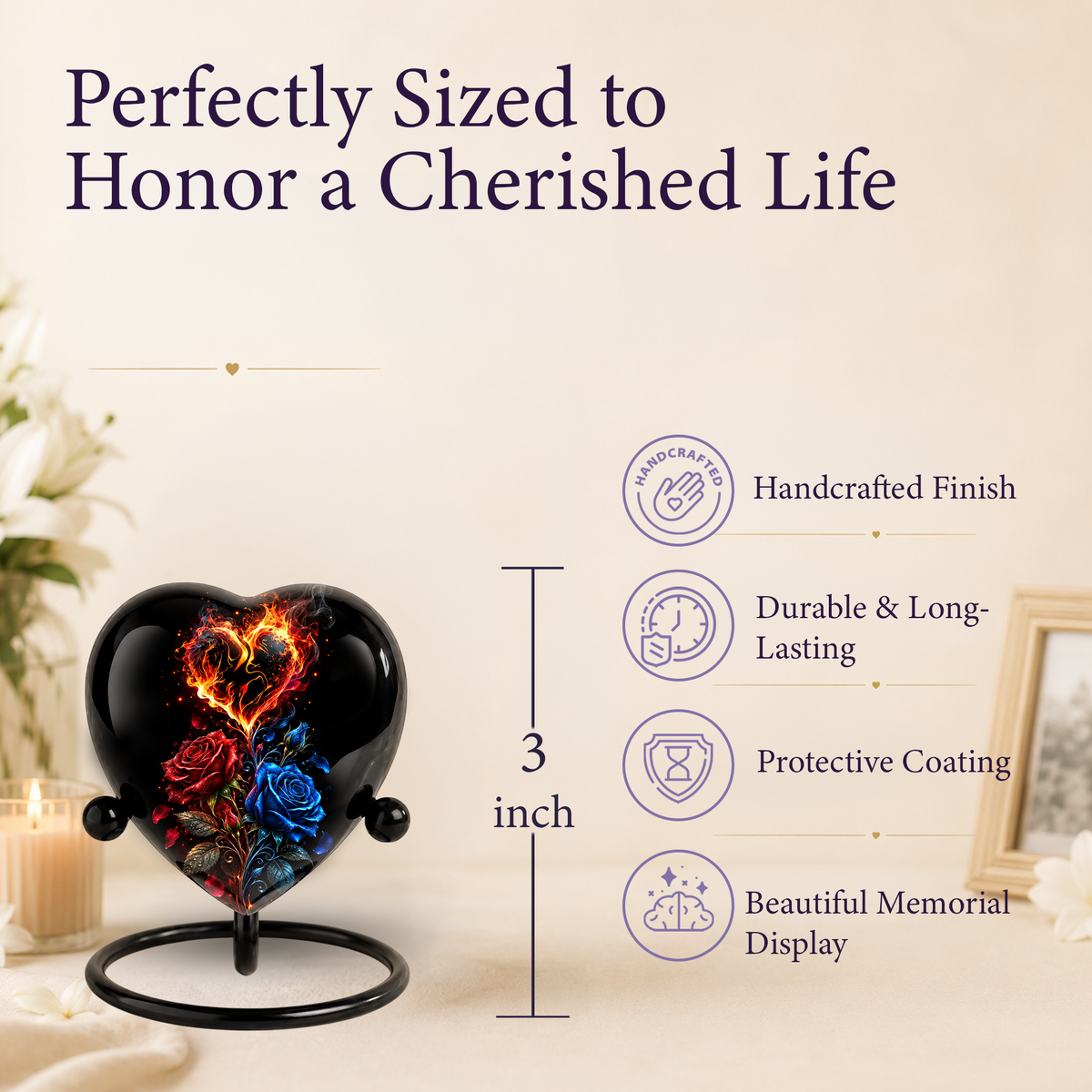 Fire and Roses Adult Cremation Urn for Ashes, Personalized Heart Urn, Red & Blue Rose Memorial Urn, Flame Cremation Urn, Adult Urn