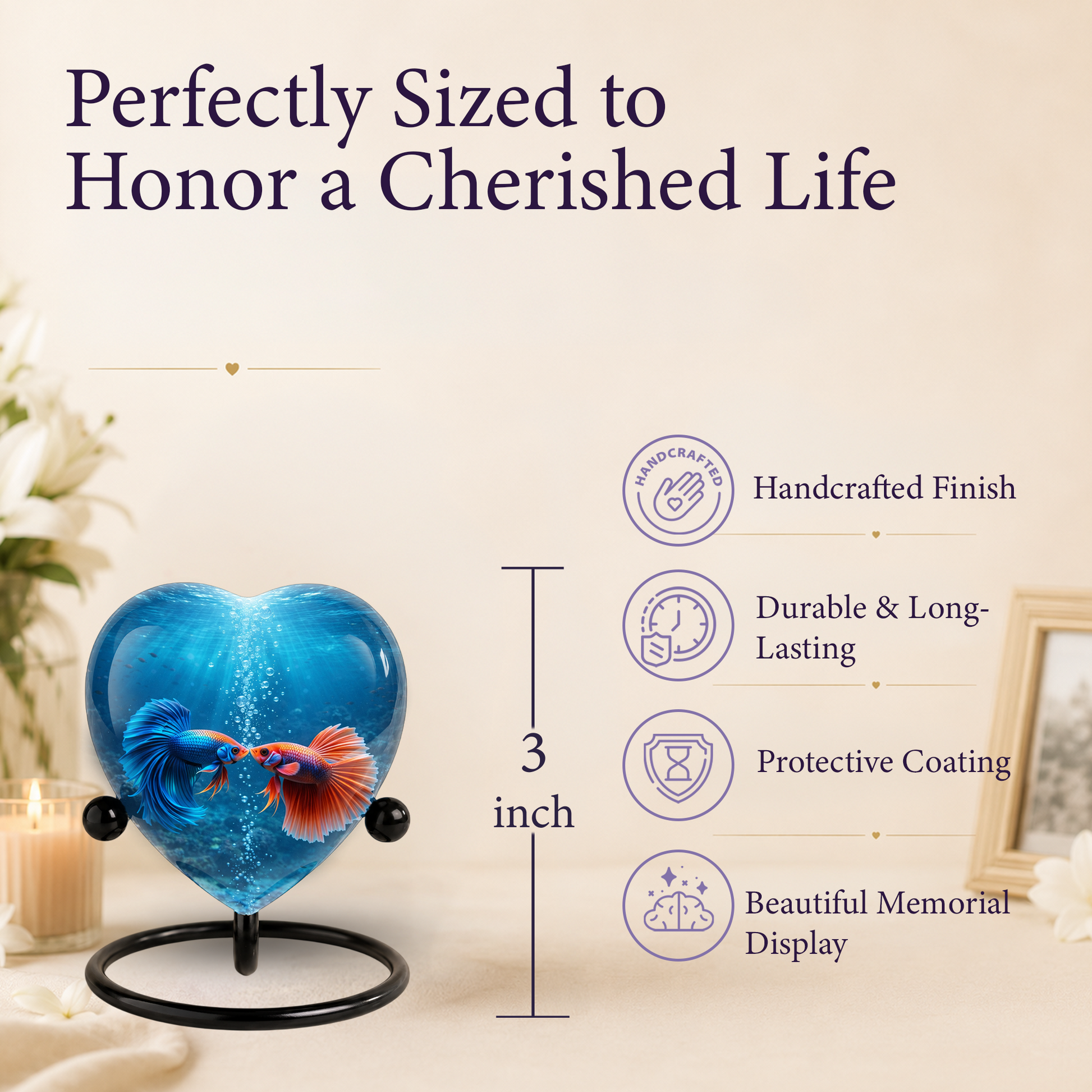 Heart-Shaped Betta Fish Cremation Urn – Beautiful Memorial Keepsake Urn for Adult Ashes, Unique Fish Urn for Loved Ones