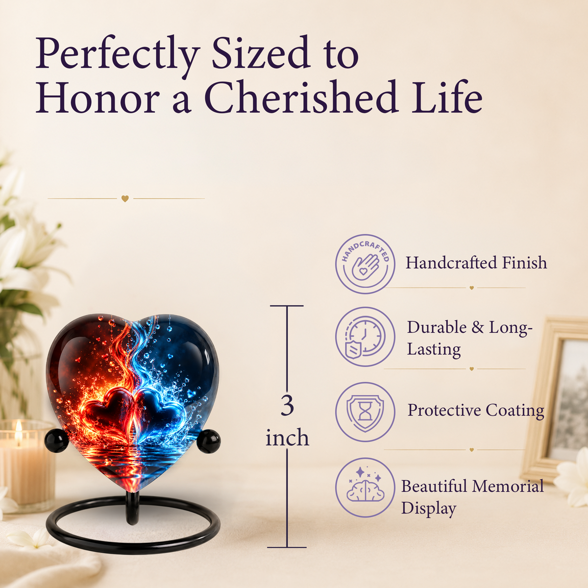Heart Shaped Red and Blue Hearts Urn for Ashes, Flame Cremation Urn, Romantic Love Memorial Urn for Human Ashes