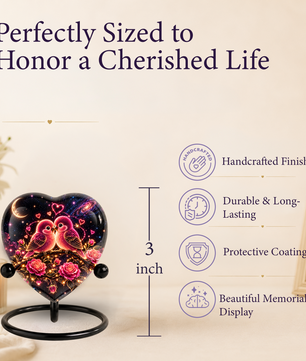 Heart Shaped Love Birds Urn for Ashes, Romantic Pink Birds Cremation Urn