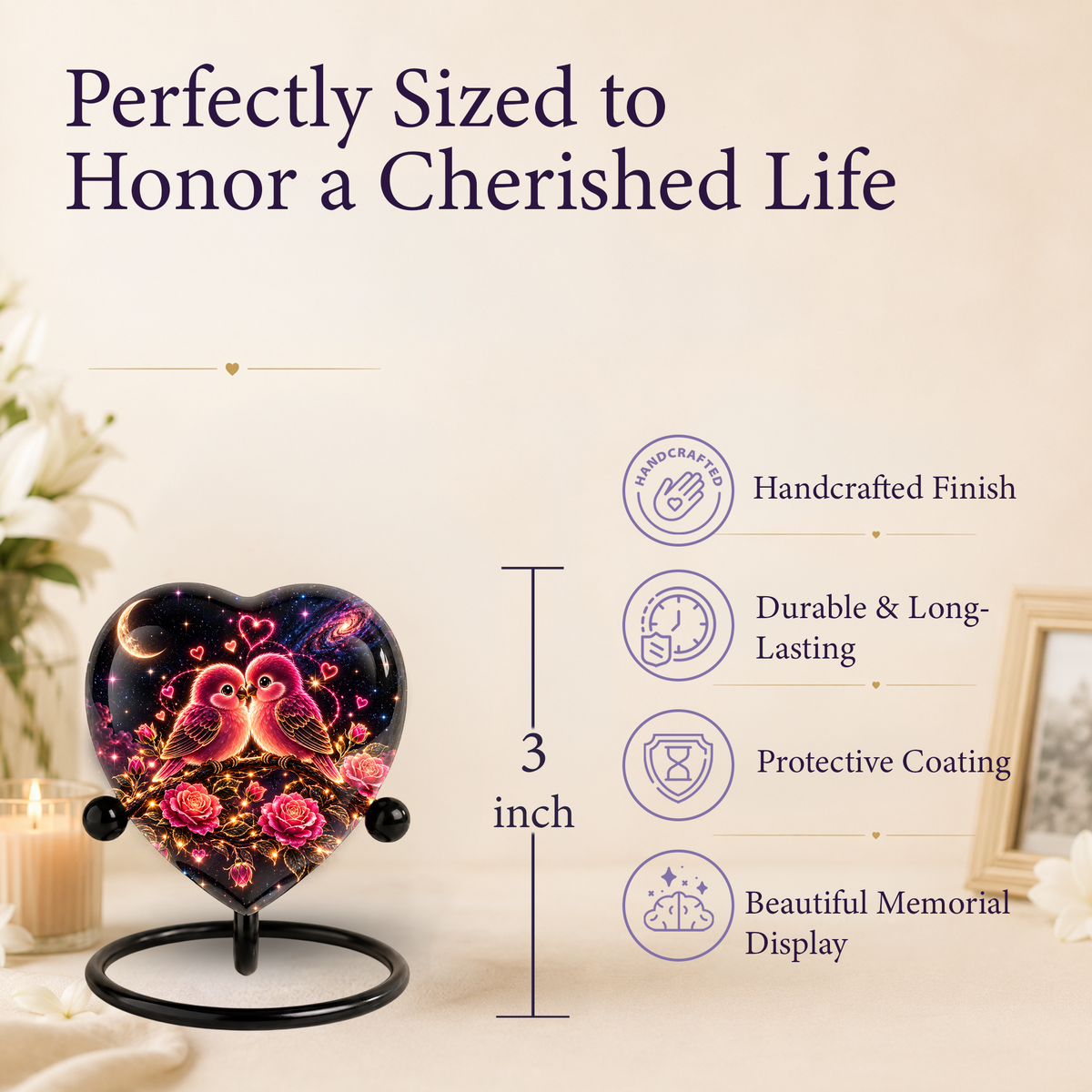 Heart Shaped Love Birds Urn for Ashes, Romantic Pink Birds Cremation Urn