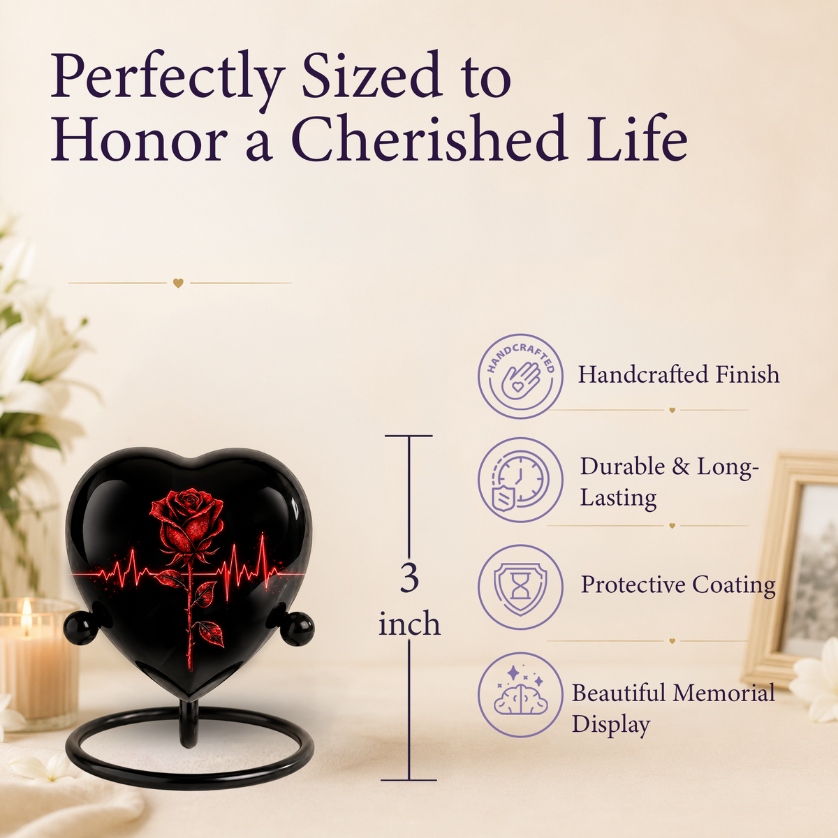 Red Rose Heart Cremation Urn for Ashes, Rose Memorial Urn, Heartbeat Rose Urn, Personalized Adult Cremation Urn, Romantic Floral Urn