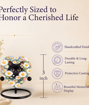 Personalized Black Cat Urn for Ashes – Heart-Shaped White Daisy Memorial,Floral Cat Cremation Urn