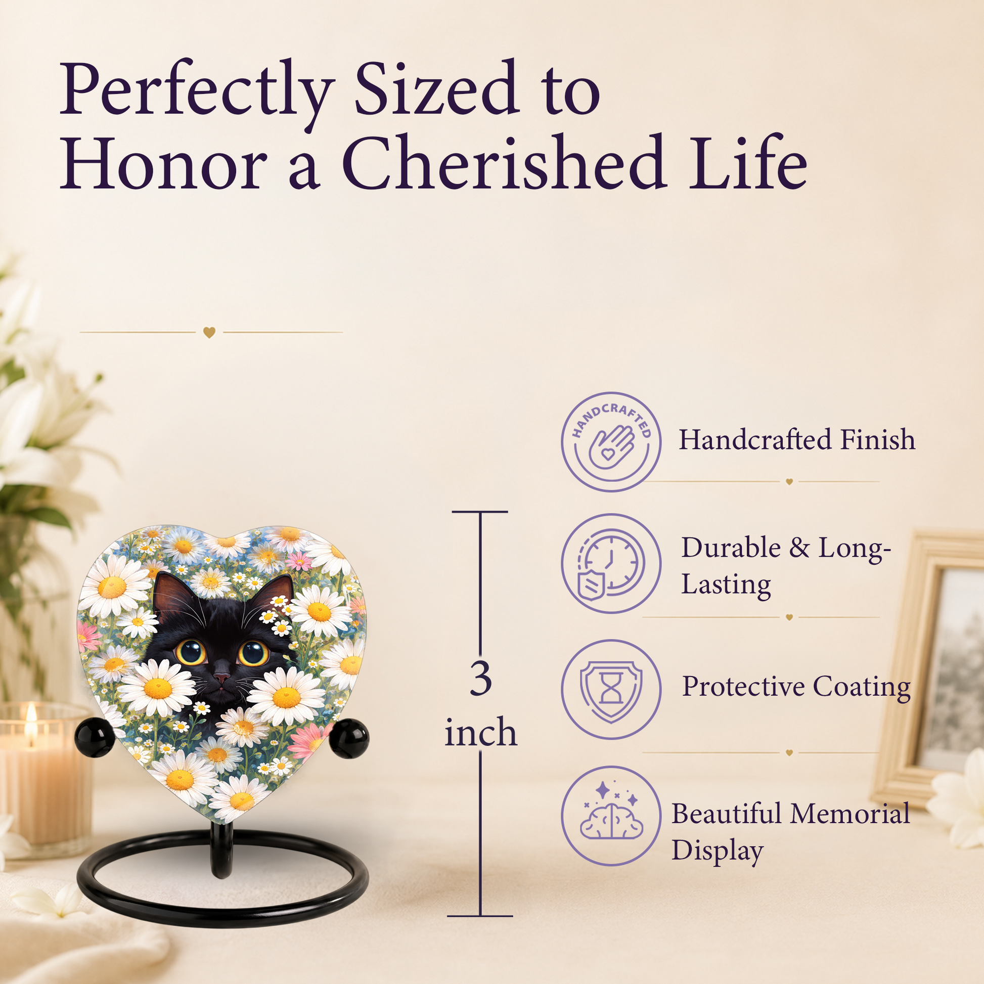 Personalized Black Cat Urn for Ashes – Heart-Shaped White Daisy Memorial,Floral Cat Cremation Urn