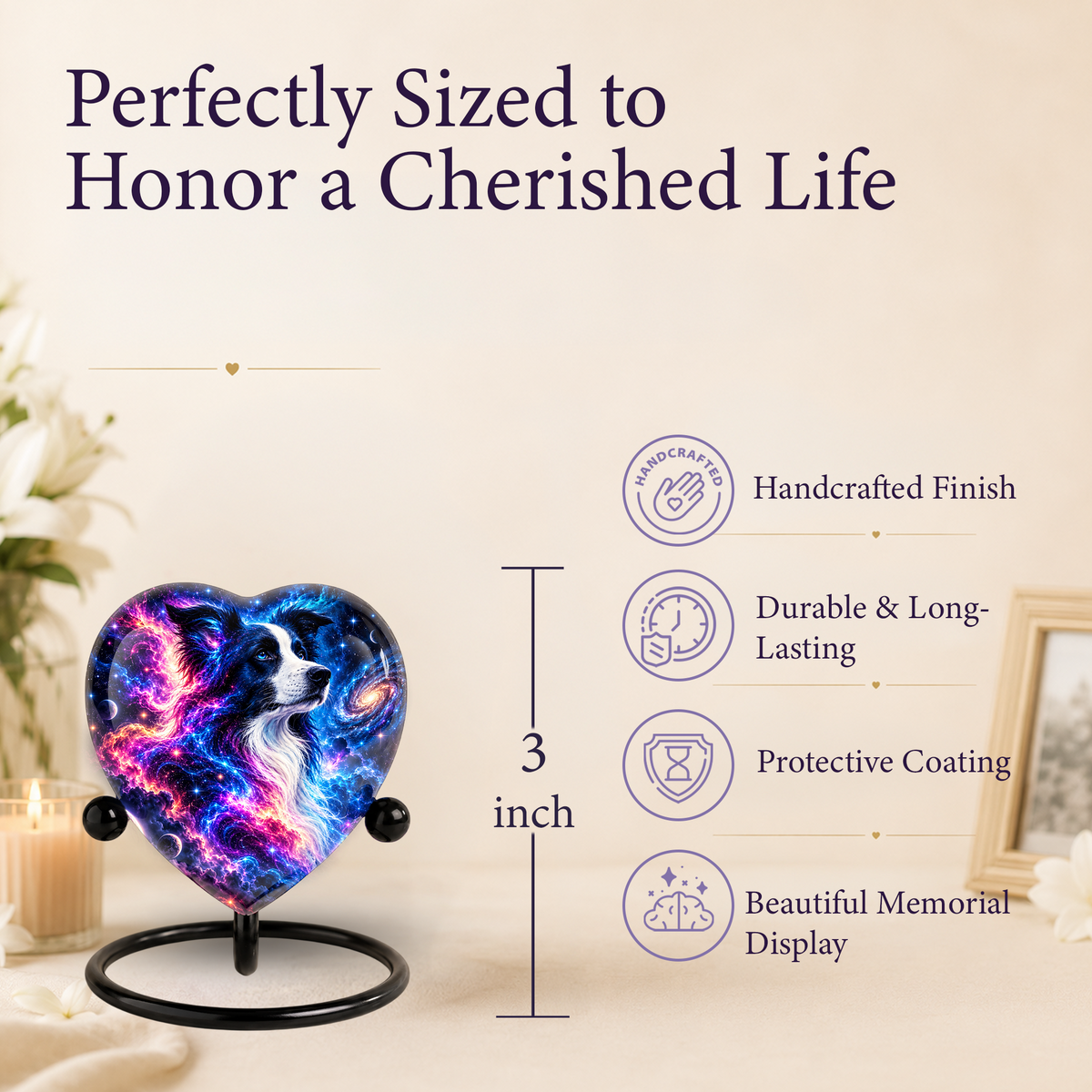Heart Shaped Border Collie Urn for Ashes, Personalized Dog Cremation Urn, Galaxy Pet Memorial Urn