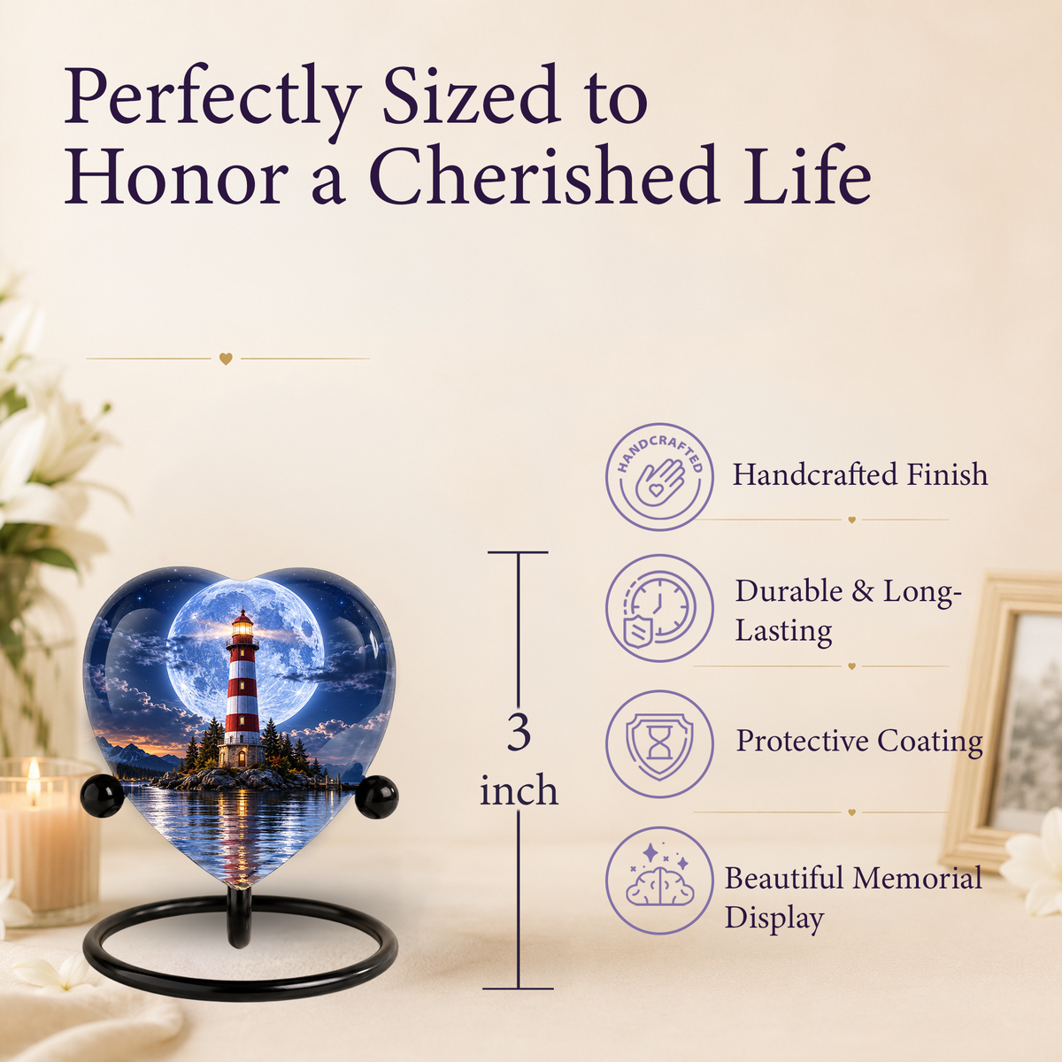 Lighthouse Adult Cremation Urn for Ashes, Personalized Ocean Memorial Urn, Moonlight Lighthouse Urn, Coastal Adult Urn, Heart Cremation Urn