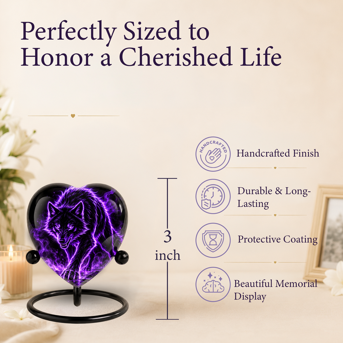 Purple Wolf Adult Cremation Urn for Ashes, Black Wolf Memorial Urn, Personalized Heart Shaped Adult Urn, Wolf Cremation Urn