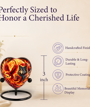 Heart Shaped Wolf and Phoenix Urn for Ashes, Personalized Fantasy Cremation Urn