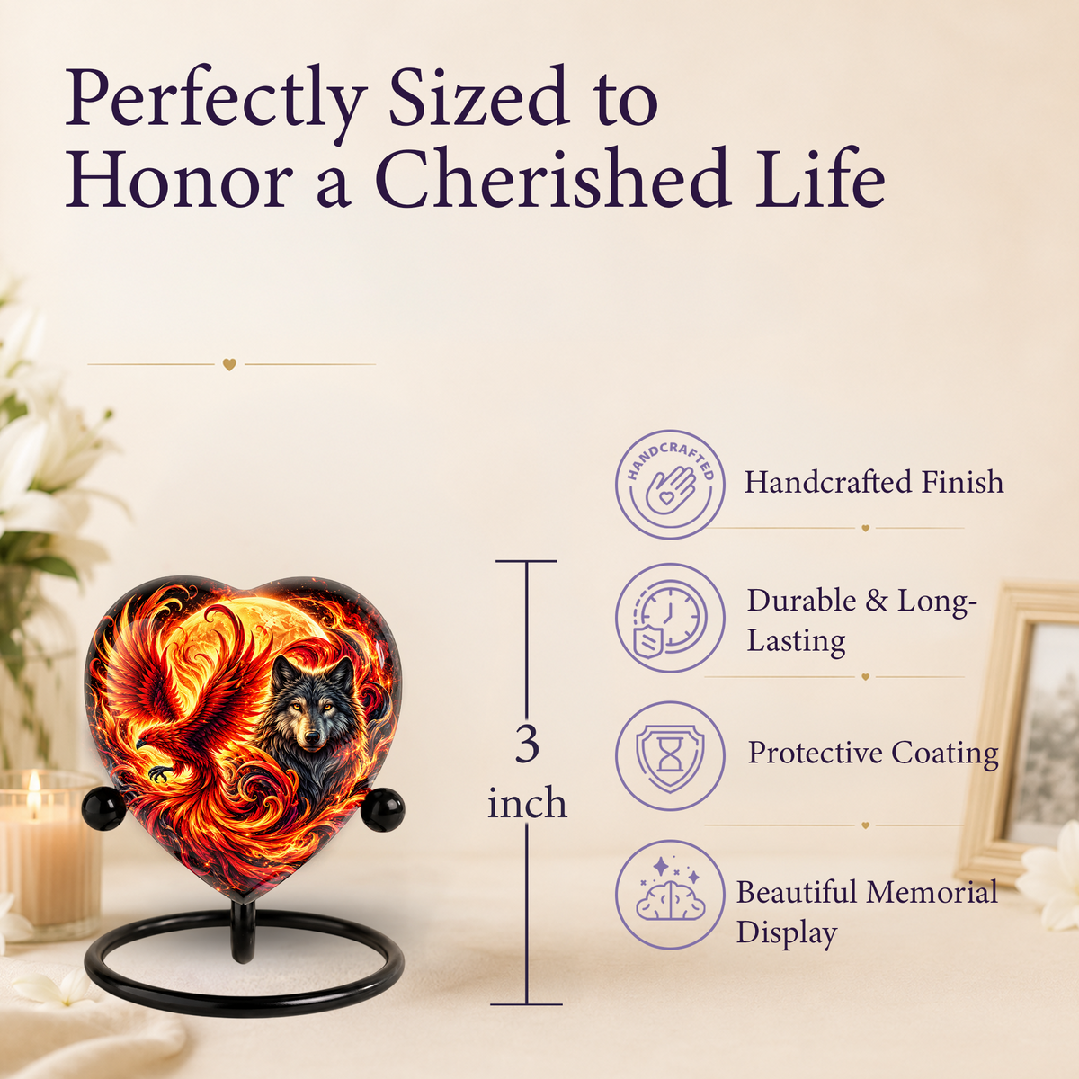 Heart Shaped Wolf and Phoenix Urn for Ashes, Personalized Fantasy Cremation Urn