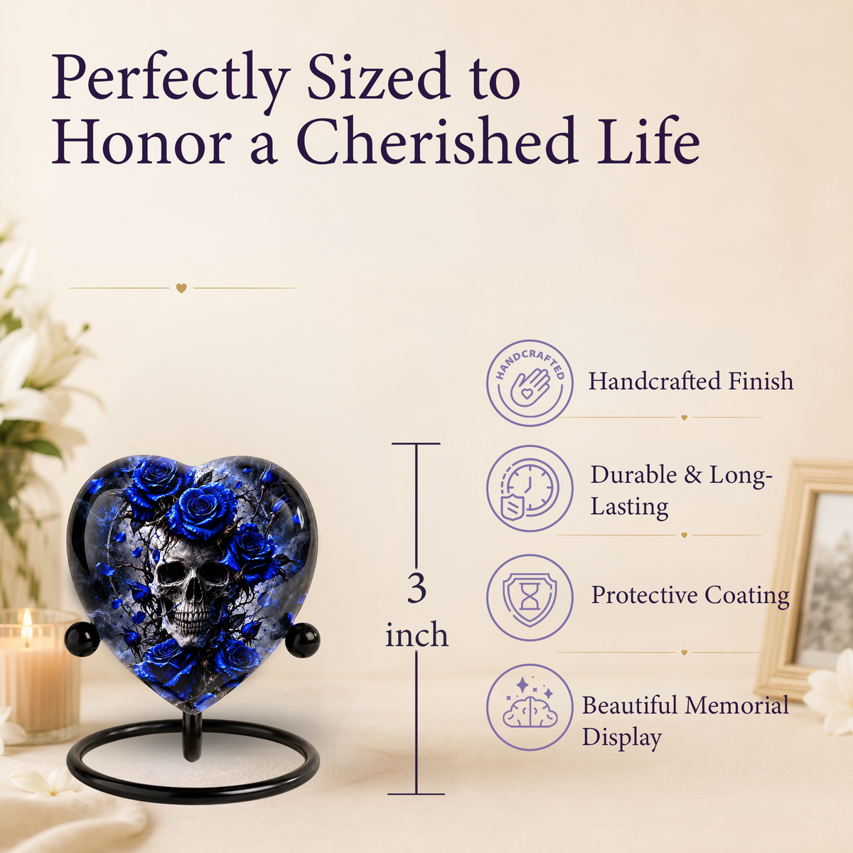 Blue Rose Skull Cremation Urn for Ashes, Gothic Memorial Urn, Blue Rose Urn, Skull Heart Urn, Personalized Adult Cremation Urn
