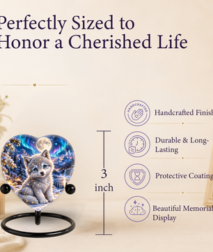 Heart Shaped Wolf Urn for Ashes, White Wolf Puppy Cremation Urn, Northern Lights Pet Memorial Urn