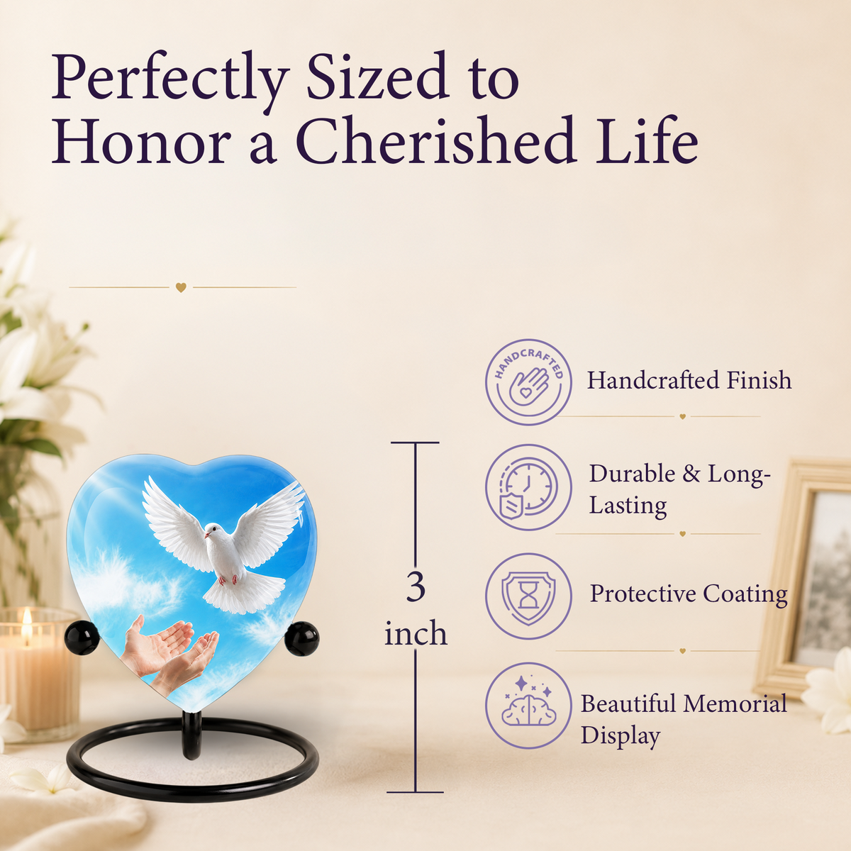 Dove Urn for Ashes, Heart Shaped Adult Cremation Urn, Peaceful White Dove Memorial Urn