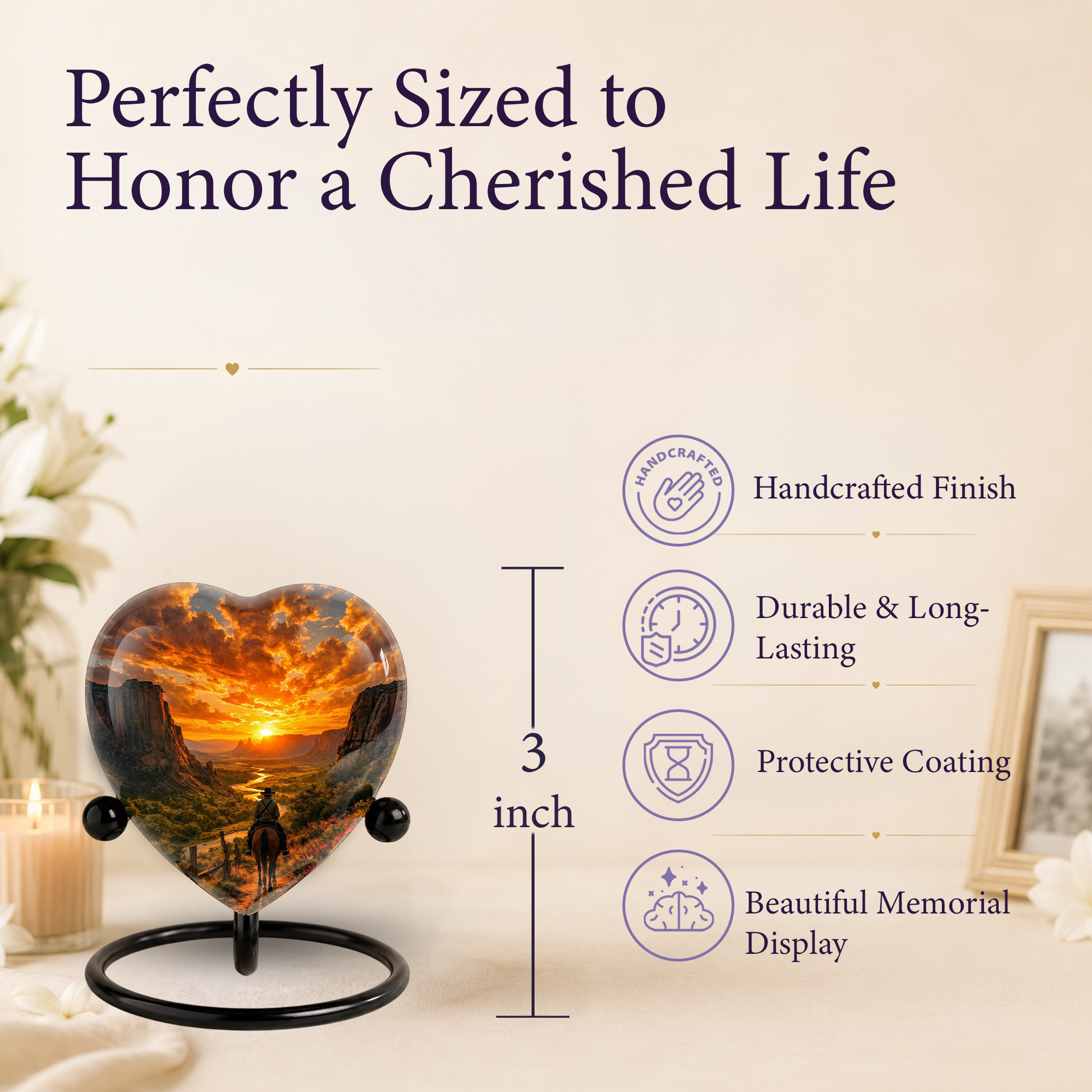 Cowboy Sunset Urn for Dad – Western Heart Shaped Memorial Urn for Father, Son & Men