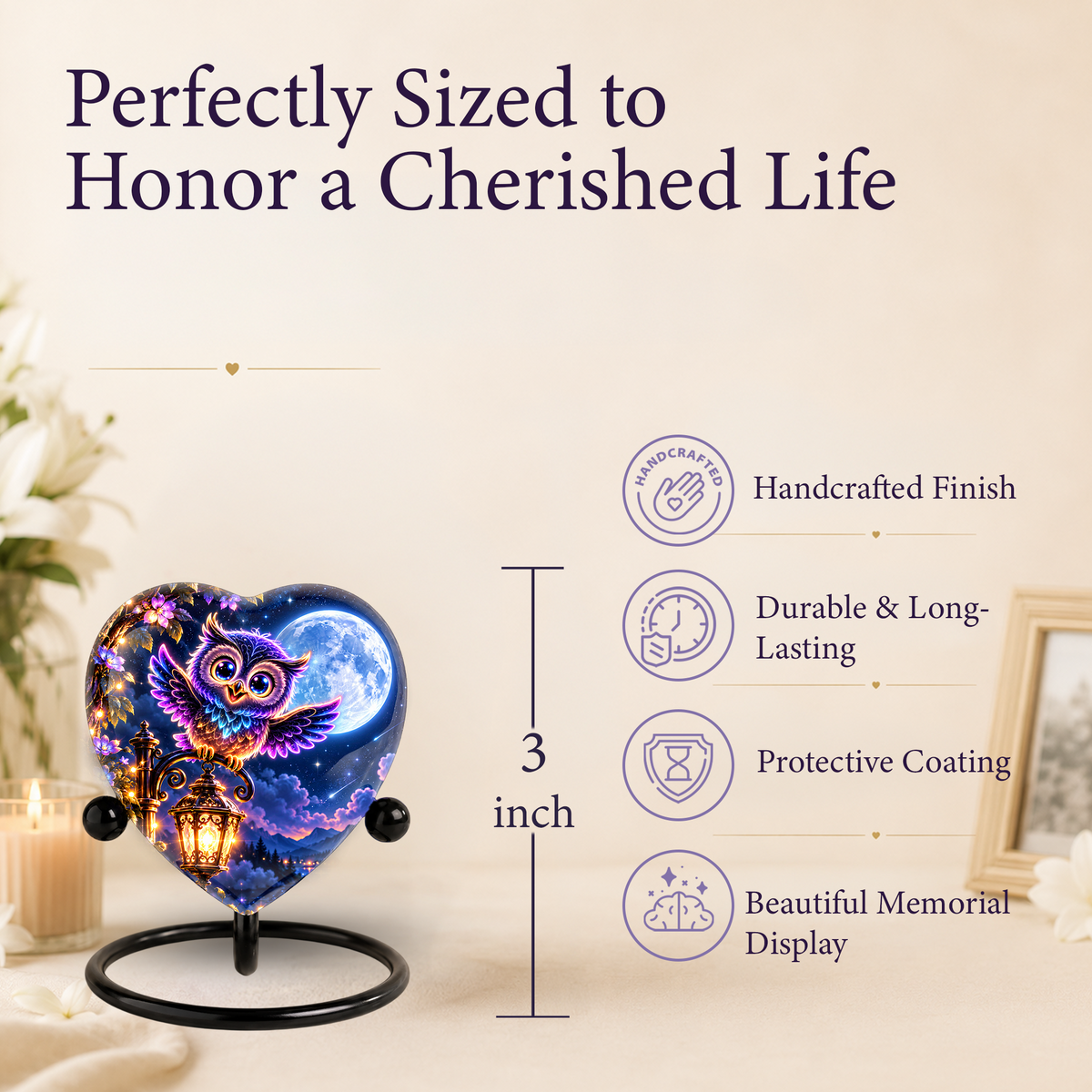 Heart-Shaped Owl Cremation Urn for Ashes – Personalized Night Sky Memorial Urn