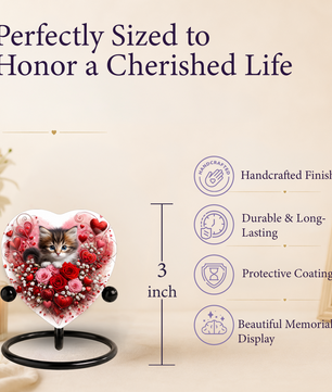 Personalized Cat Urn for Ashes – Heart-Shaped Kitten & Rose Memorial, Custom Pet Urn for Cat