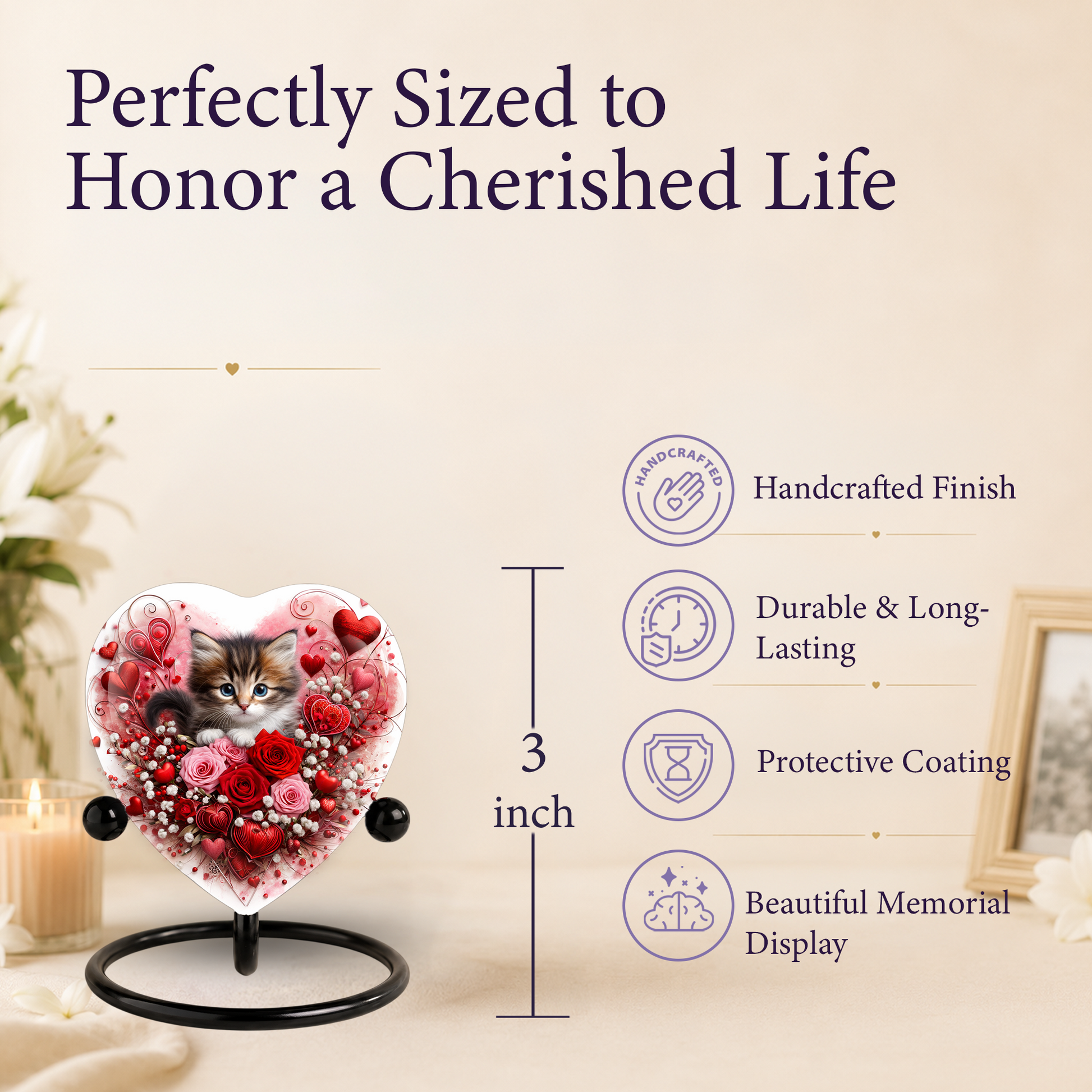 Personalized Cat Urn for Ashes – Heart-Shaped Kitten & Rose Memorial, Custom Pet Urn for Cat