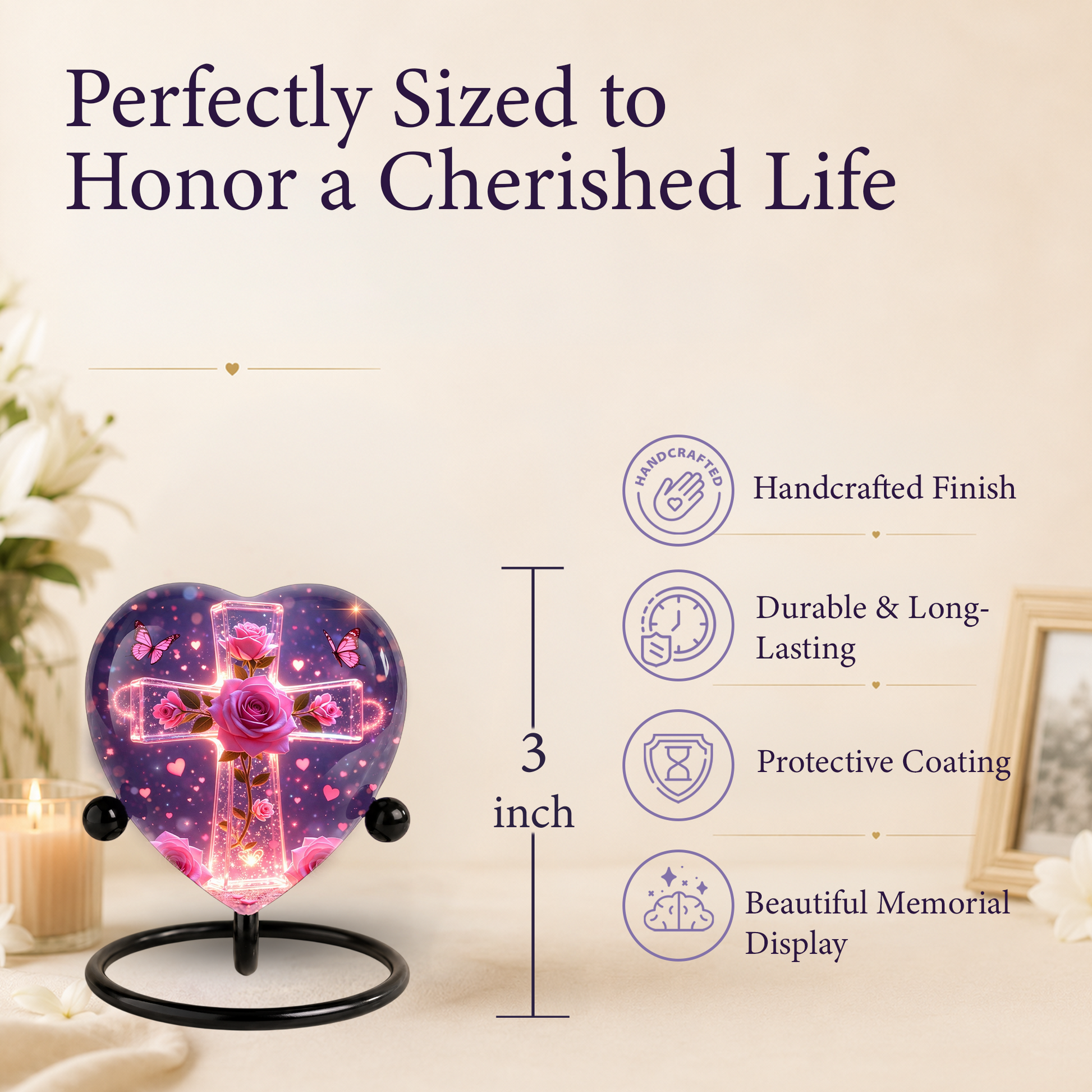Rose Cross Adult Urn for Ashes, Pink Rose Memorial Adult Cremation Urn, Heart Shaped Urn for Adult Ashes,