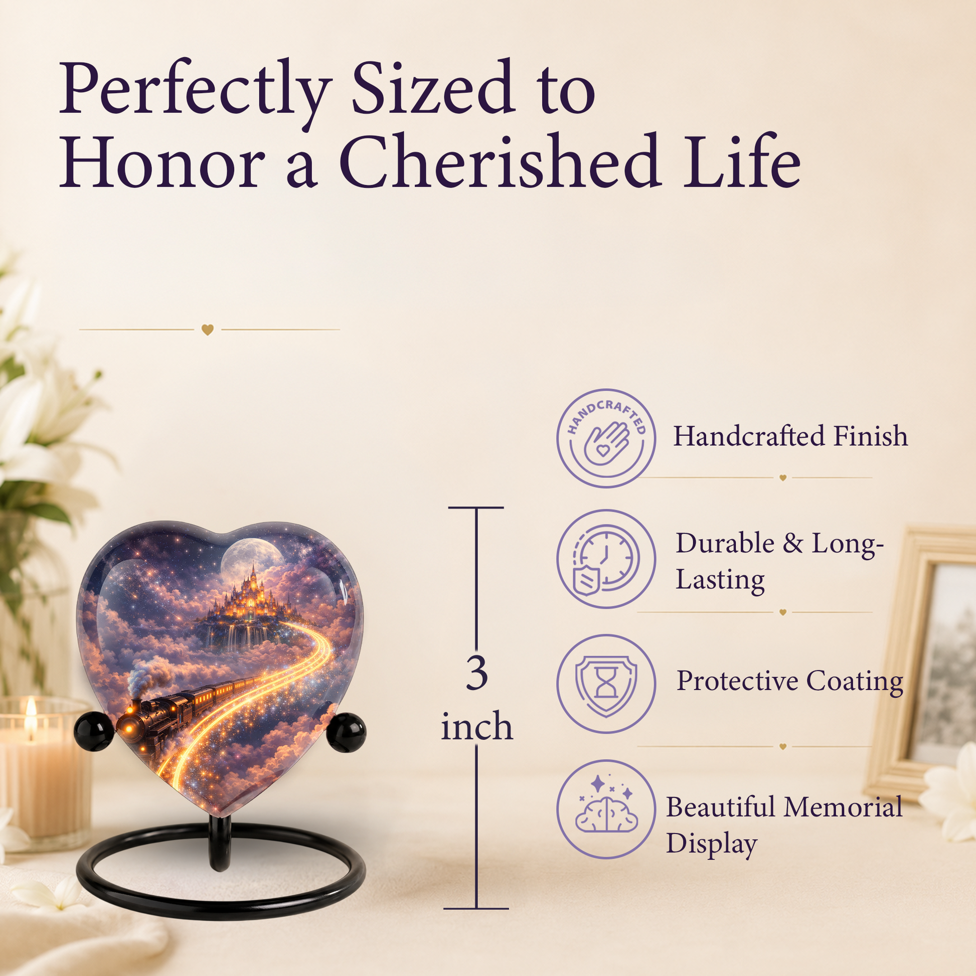 Fantasy Heart Adult Urn for Human Ashes – Enchanted Castle & Train Memorial Adult Cremation Urn