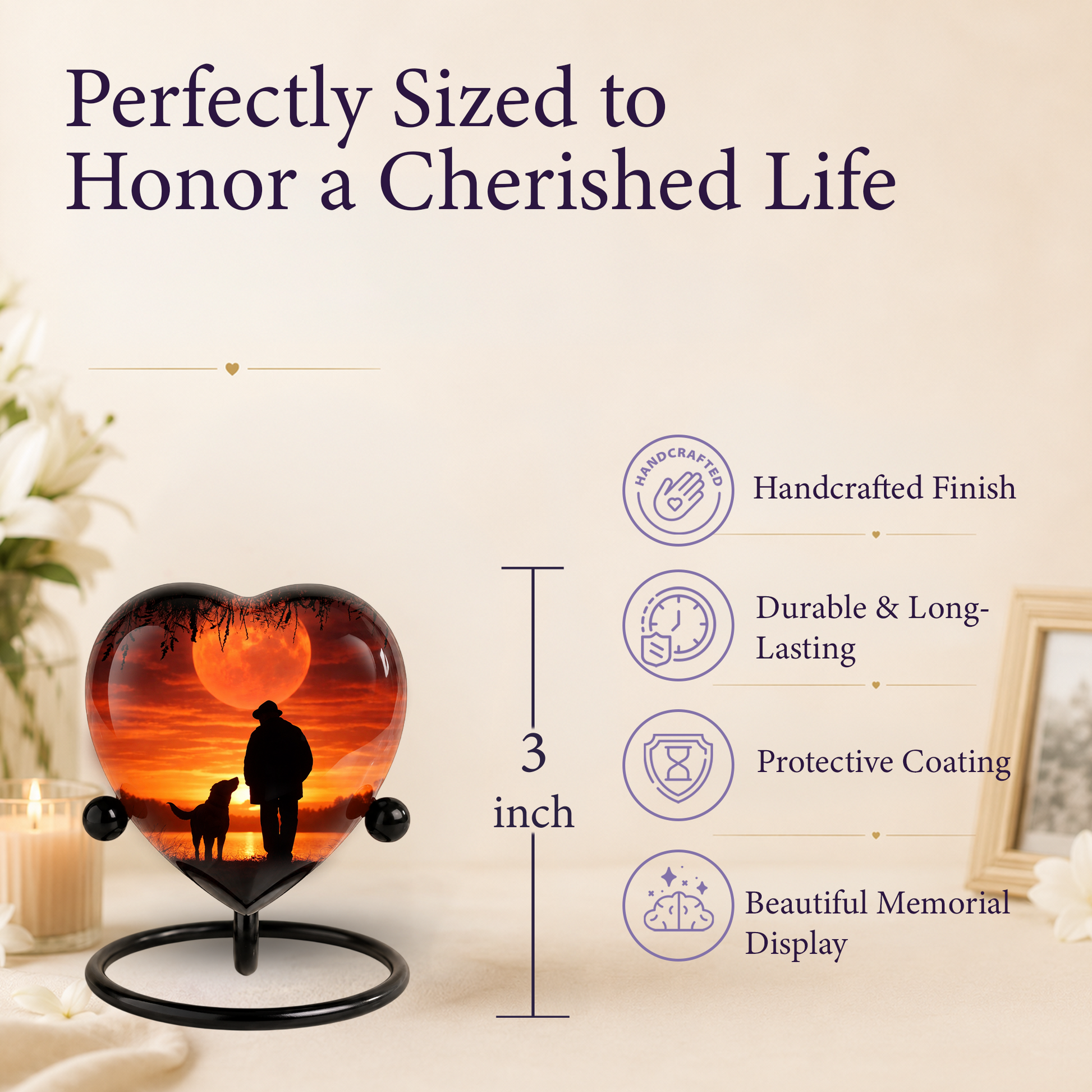 Heart Shaped Urn for Dad – Sunset Memorial Urn with Man & Dog, Personalized Urn for Dad,