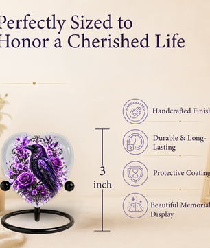 Purple Raven Heart Cremation Urn for Ashes, Crow Memorial Urn, Purple Floral Urn, Raven Urn for Ashes, Personalized Heart Cremation Urn