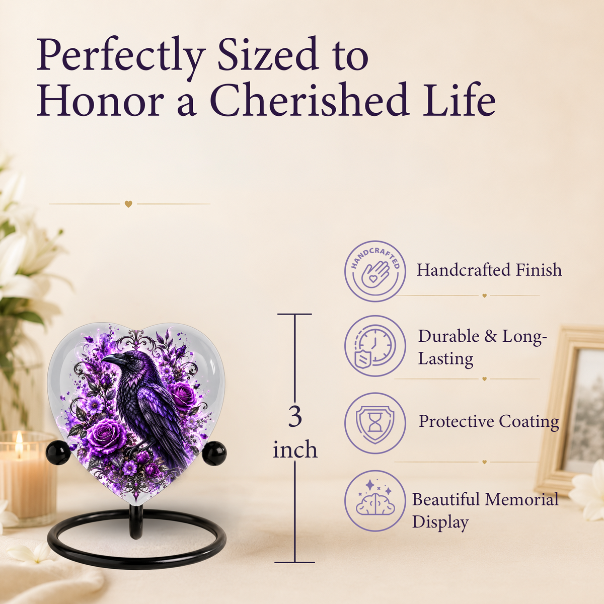 Purple Raven Heart Cremation Urn for Ashes, Crow Memorial Urn, Purple Floral Urn, Raven Urn for Ashes, Personalized Heart Cremation Urn