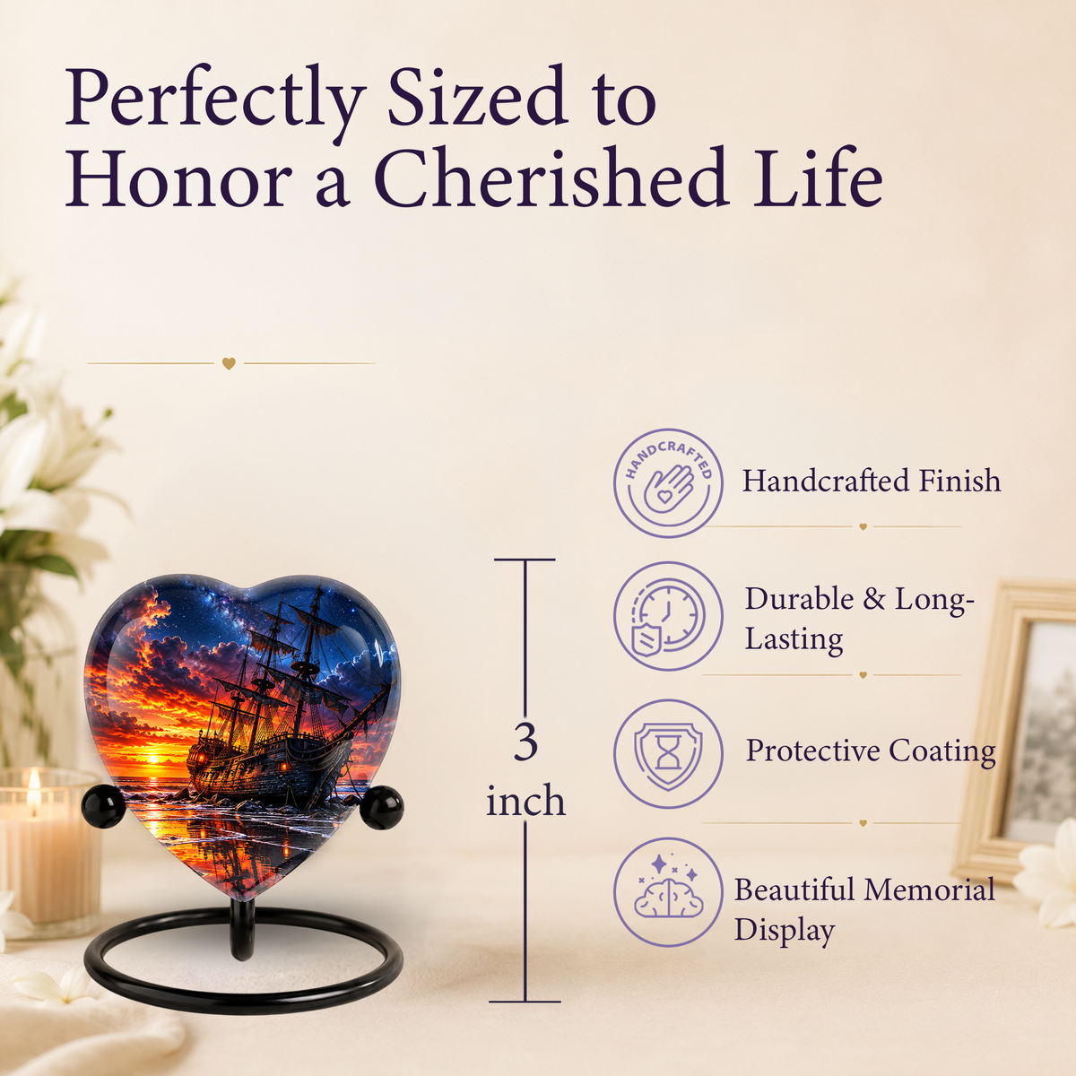 Pirate Ship Heart Cremation Urn for Ashes, Personalized Adult Memorial Urn, Nautical Urn for Men