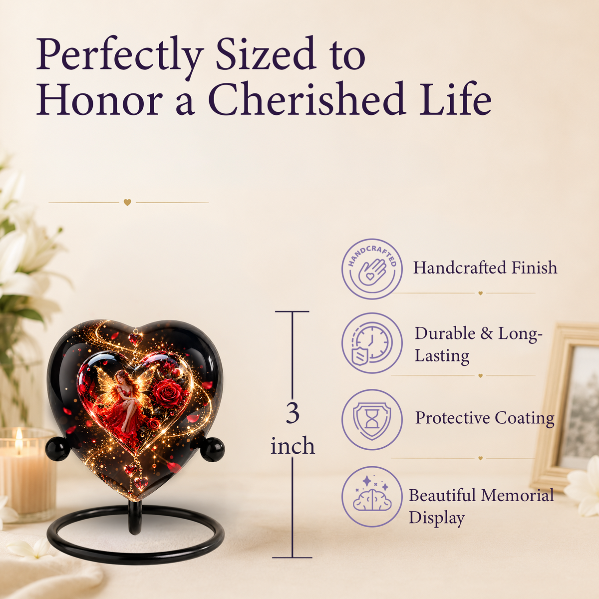 Heart Shaped Fairy Rose Urn for Ashes, Red Rose Cremation Urn