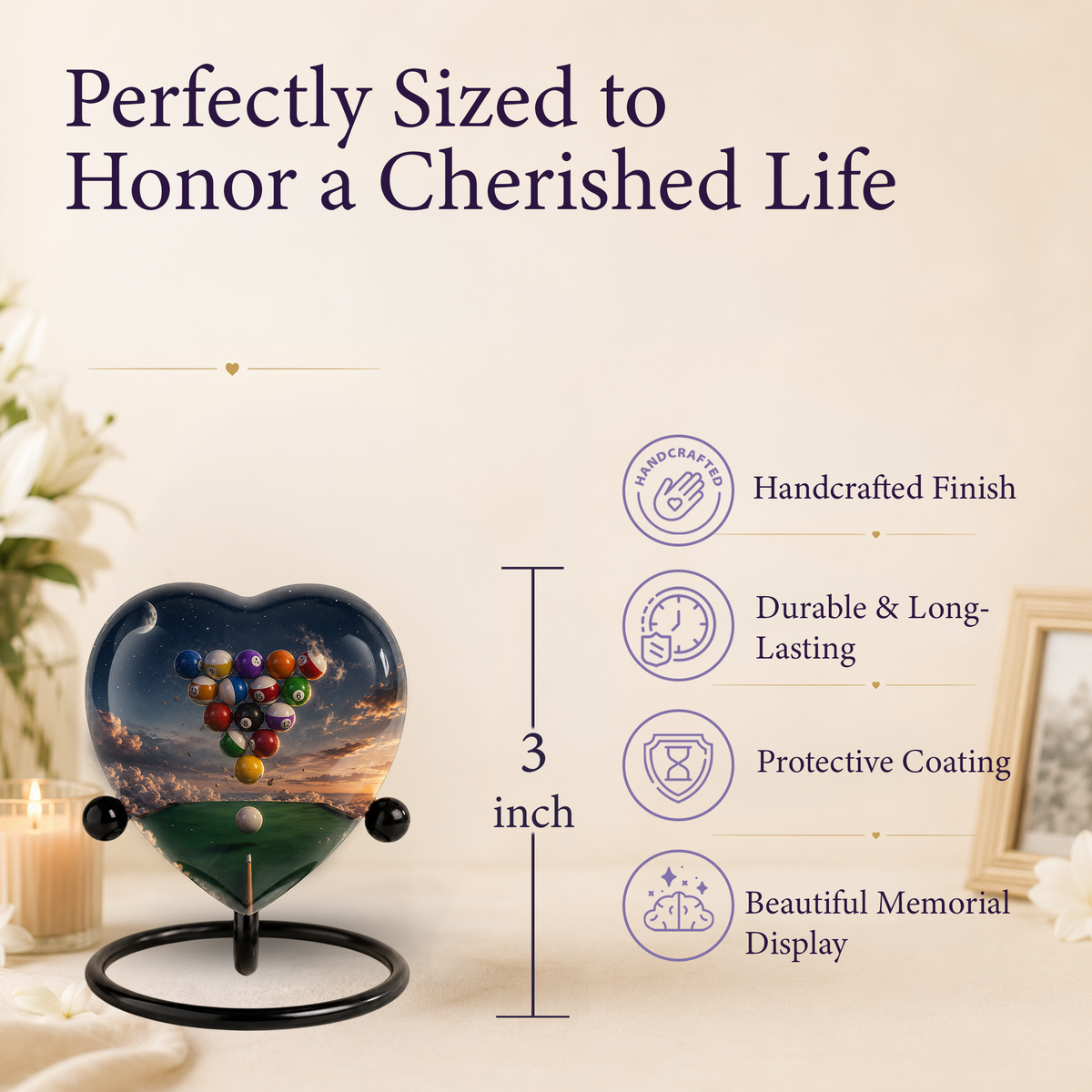 Billiards Pool Table Adult Urn – Pool Balls Sunset Heart Design Adult Cremation Urn for Ashes