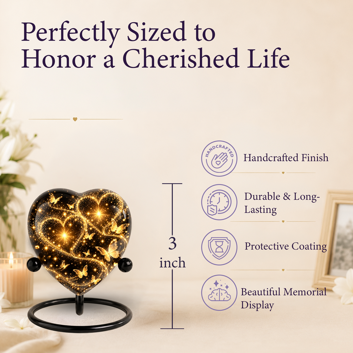 Butterfly Adult Urn for Ashes, Gold Heart Memorial Urn, Elegant Adult Cremation Urn
