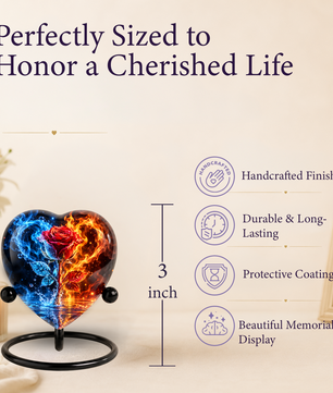 Heart Shaped Red Rose Urn for Ashes, Blue and Orange Flame Cremation Urn