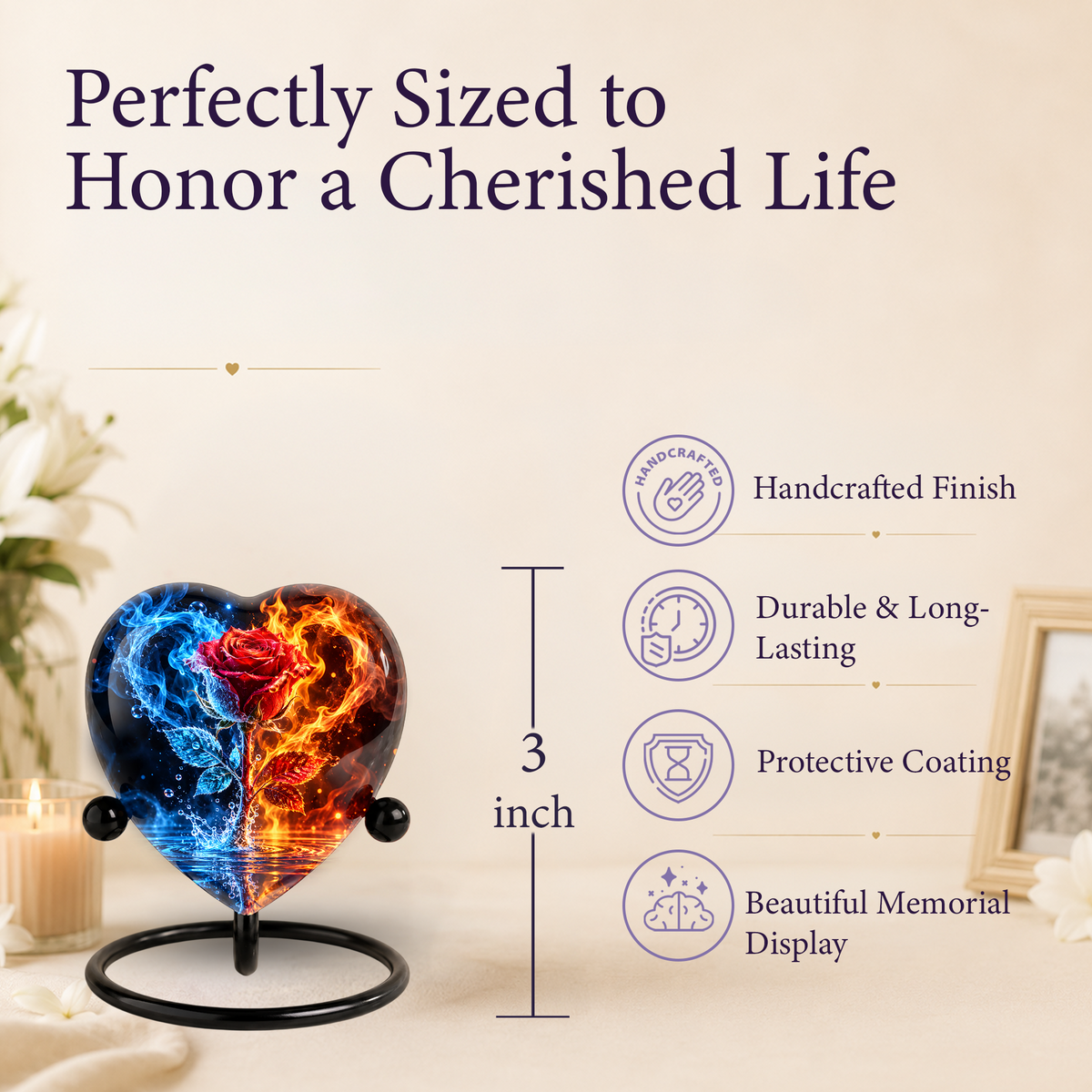 Heart Shaped Red Rose Urn for Ashes, Blue and Orange Flame Cremation Urn