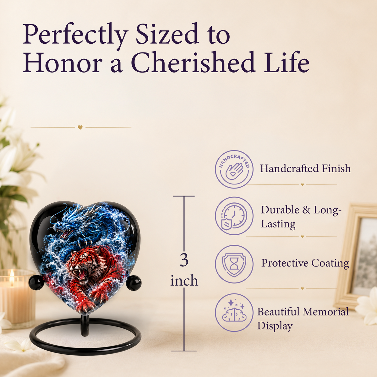 Dragon Tiger Heart Cremation Urn for Ashes, Personalized Adult Memorial Urn Heart Shaped Adult Cremation Urn