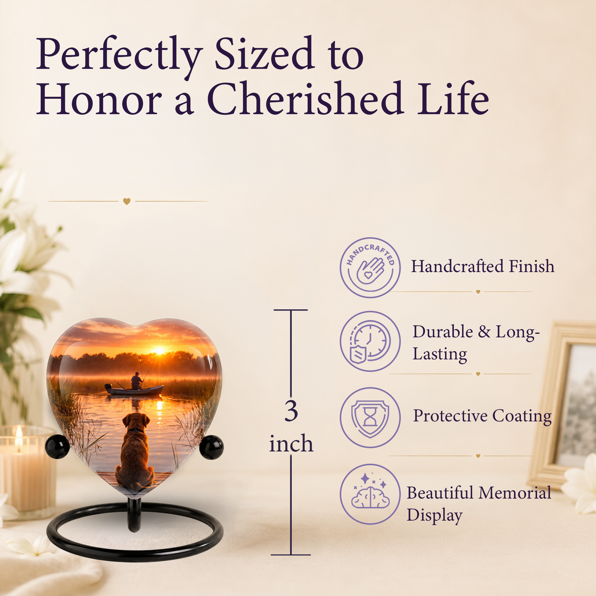 Sunset Fishing Dog Adult Urn for Human Ashes – Heart-Shaped Lake Memorial Adult Cremation Urn