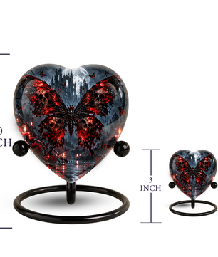 Gothic Butterfly Cremation Urn for Ashes, Skull Butterfly Urn, Red Black Gothic Memorial Urn, Halloween Heart Urn, Personalized Keepsake