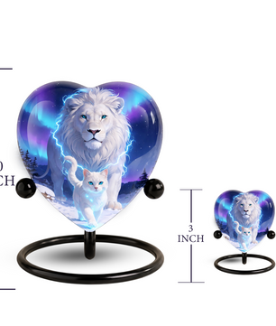 White Lion and White Cat Heart Memorial Urn – Adult Urn, Urns for Adult Ashes