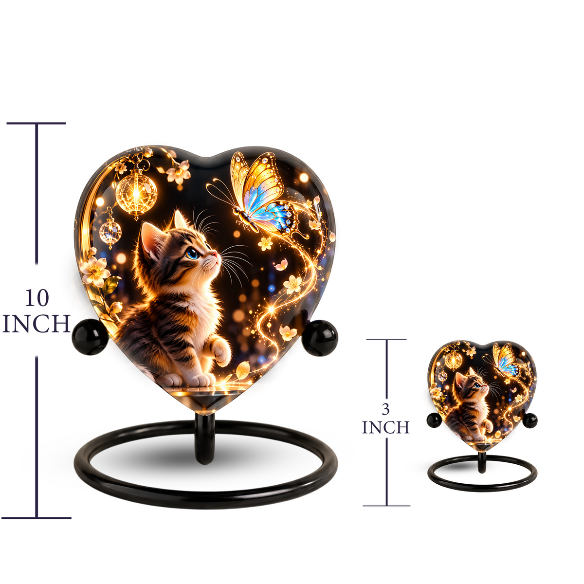 Heart Shaped Cat Urn for Ashes, Kitten and Butterfly Cremation Urn, Personalized Pet Memorial Urn for Human Ashes