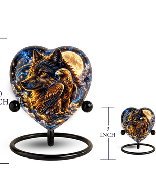 Heart Shaped Wolf and Eagle Urn for Ashes, Wildlife Cremation Urn, Celestial Moon Animal Memorial Urn