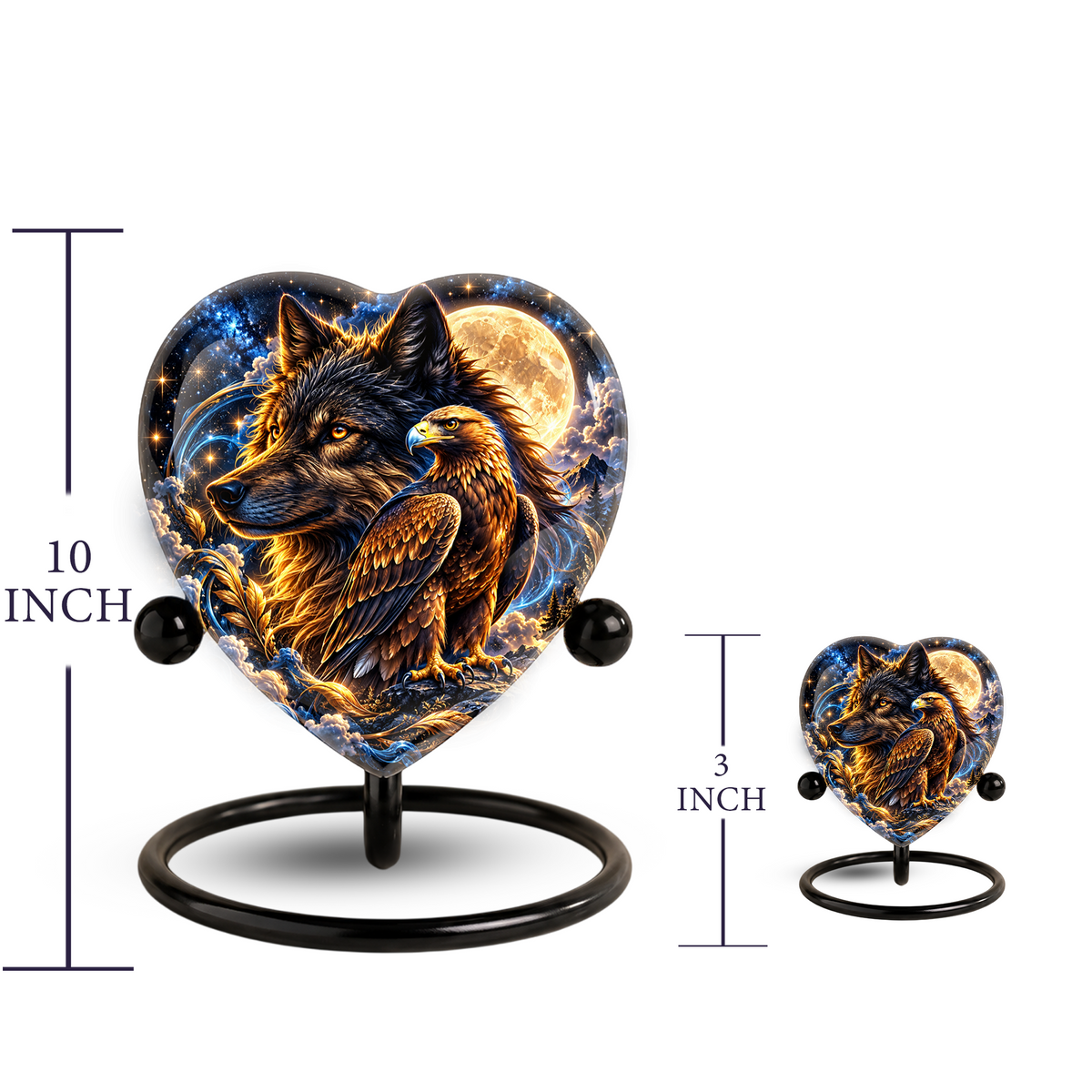 Heart Shaped Wolf and Eagle Urn for Ashes, Wildlife Cremation Urn, Celestial Moon Animal Memorial Urn
