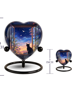 Black Cat Sunset Memorial Adult Urn – Heart-Shaped Adult Urn for Ashes Adult Cremation Urns, Urn for Ashes Adult